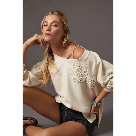 Anthropologie Pilcro Doily Sweatshirt Top Eyelet Embroidered Crochet S 281804 - Picture 3 of 10